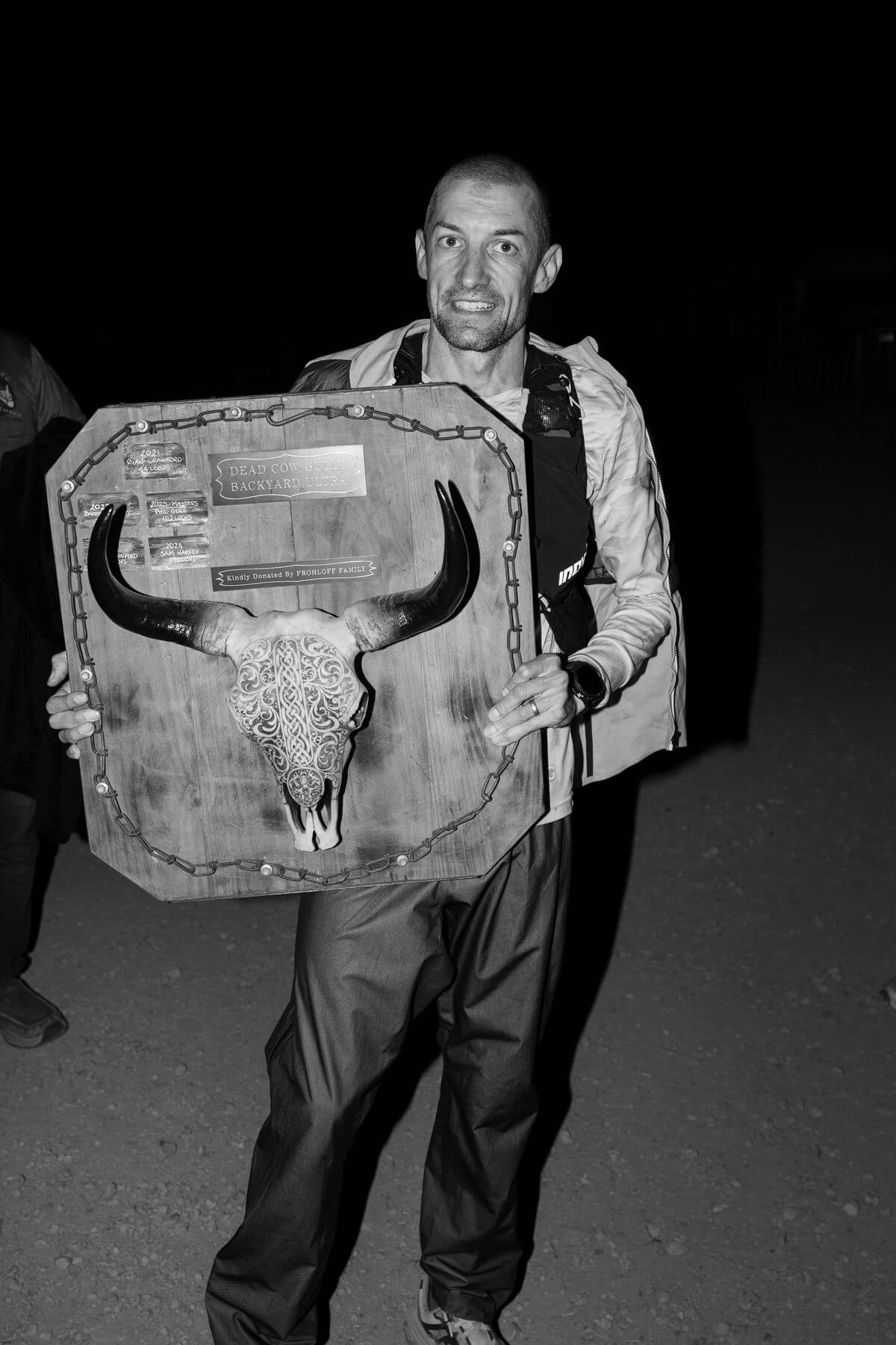 Phil Gore with the Dead Cow Gully Backyard Ultra trophy